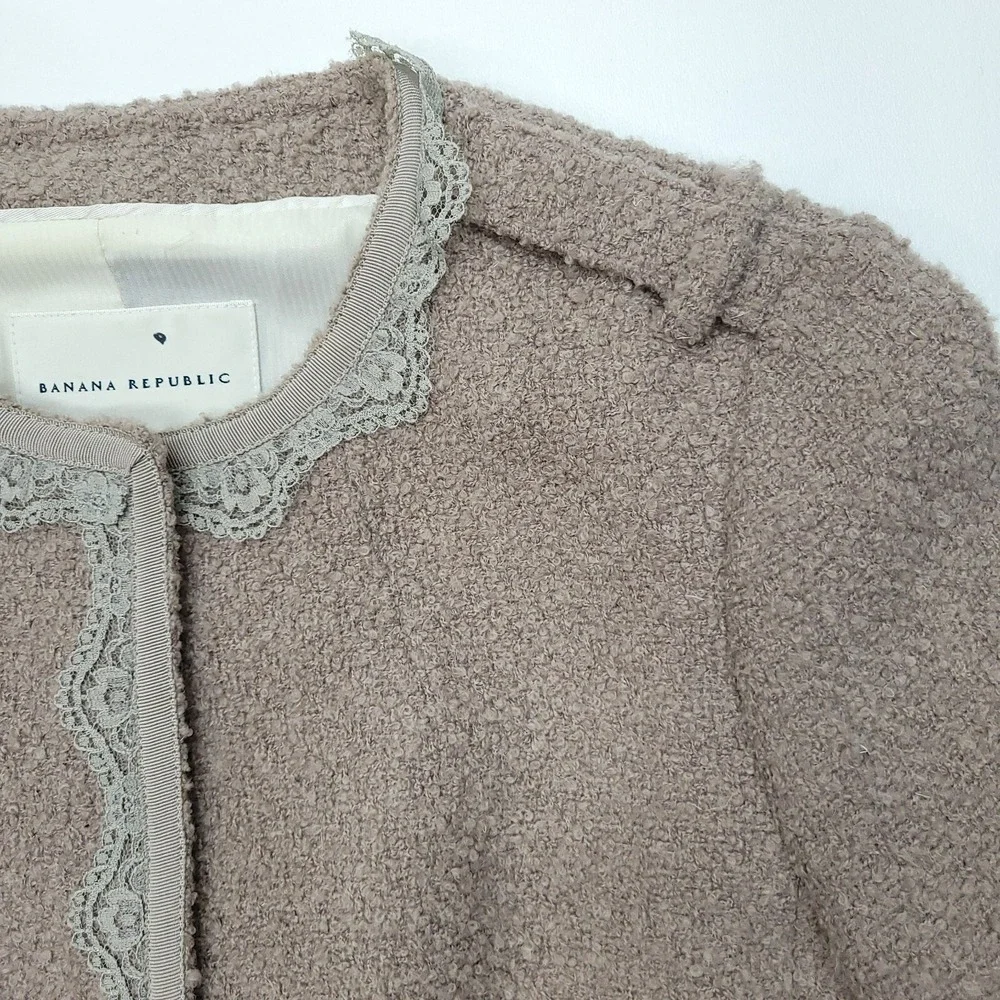 Banana‎ Republic Jacket Women 8 Taupe Wool Boucle Lace Long Sleeve Office Career